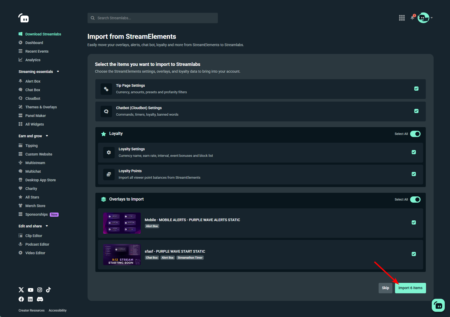 item selection for moving from streamelements to streamlabs